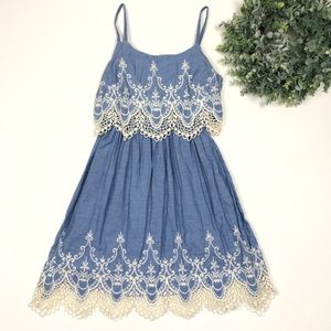 Francesca’s | Blue Chambray Embroidered Dress